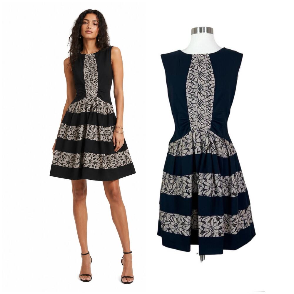 Anthropologie | Eva Franco Lace Panel Black Cream Fit Flare Floral Party Dress 6